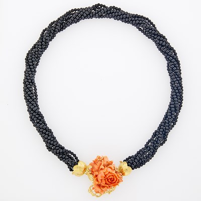 Lot 1206 - Eight Strand Black Onyx Bead Torsade Necklace with Gold and Carved Coral Flower Brooch-Clasp