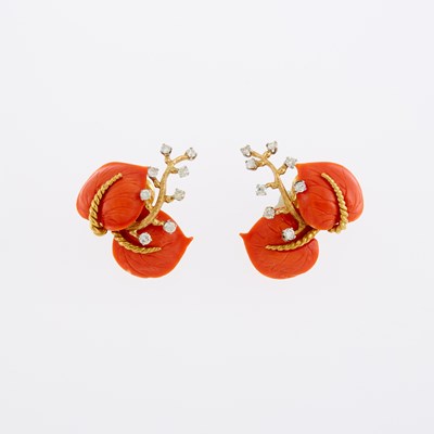 Lot 1178 - Pair of Gold, Carved Coral Leaf and Diamond Earclips