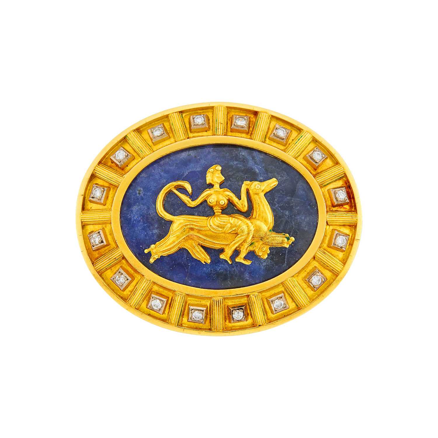 Lot 29 - Ilias Lalaounis Gold, Sodalite and Diamond Clip-Brooch