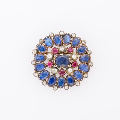 Lot 1273 - Antique Gold, Silver, Sapphire, Ruby and Diamond Pendant-Brooch