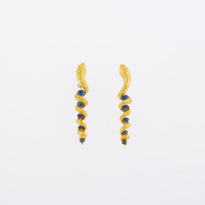 Lot 1192 - Pair of Gold and Sapphire Bead Serpent Earrings