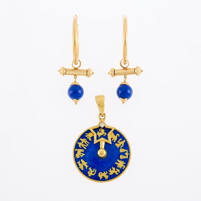 Lot 1260 - Peter Lindeman Gold, Blue Enamel and Diamond Zodiac Pendant and Pair of Gilt-Metal and Lapis Bead Pendant-Earrings