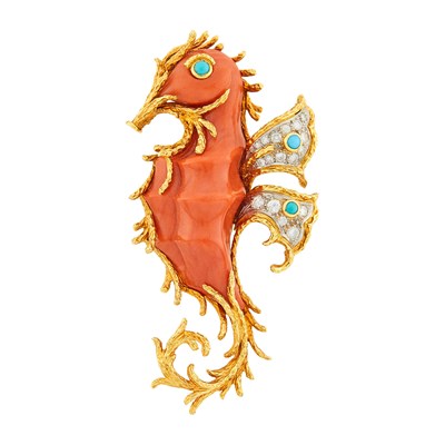 Lot 148 - Two-Color Gold, Carved Coral, Diamond and Turquoise Seahorse Clip-Brooch