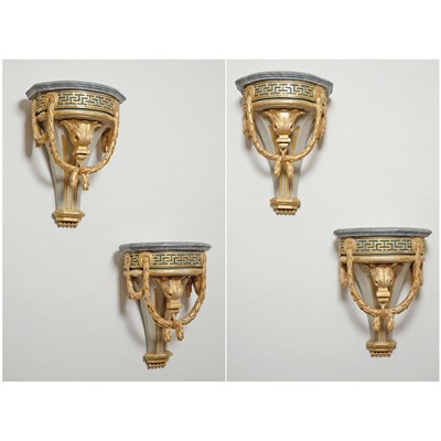 Lot 525 - Set of Four Continental Neoclassical Painted and Parcel-Gilt Wall Brackets