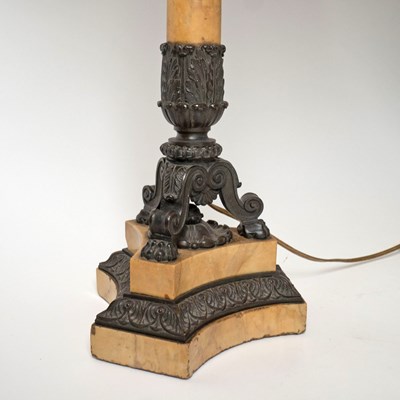 Lot 537 - Pair of Restauration Patinated Bronze and Siena Marble Candlesticks Mounted as Lamps