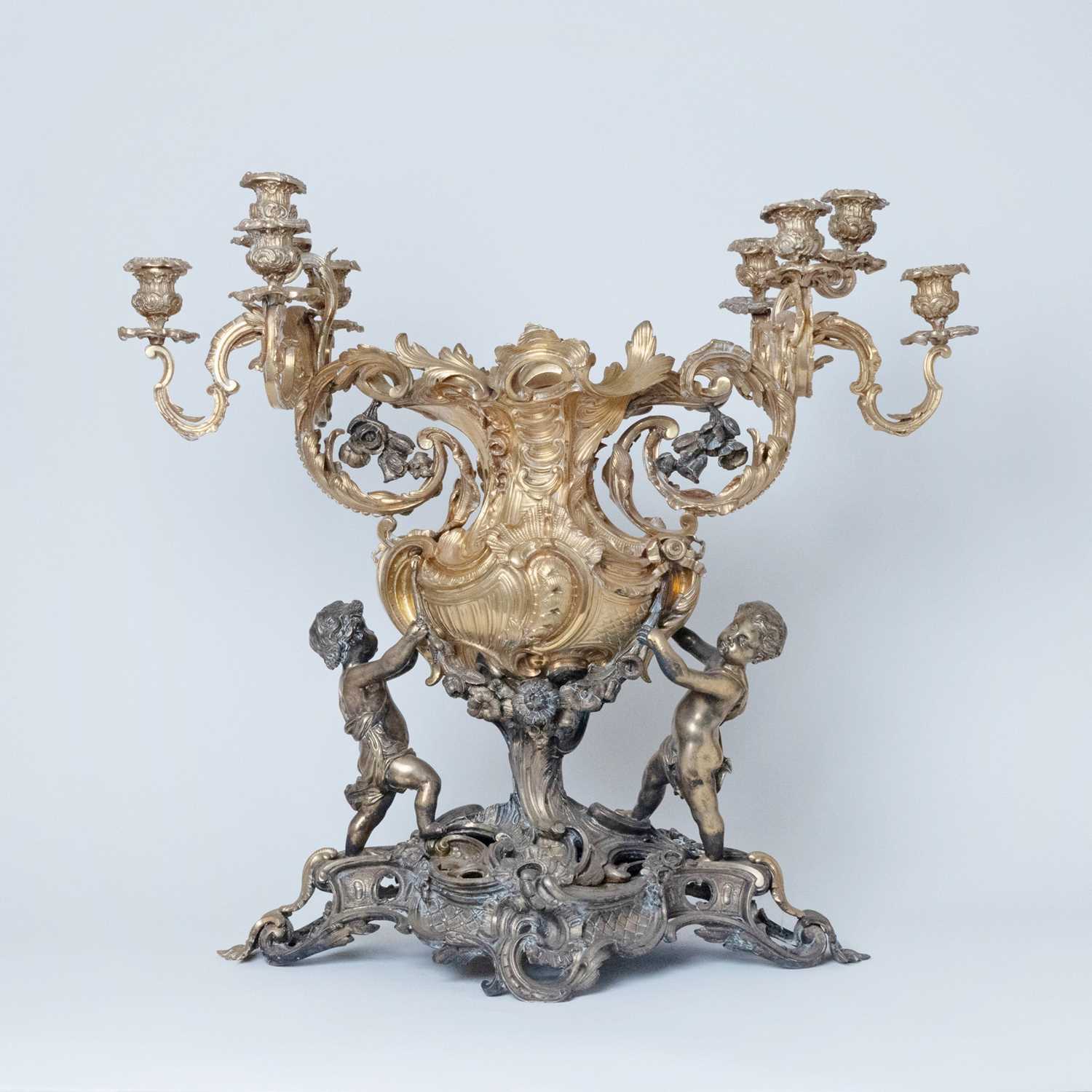Lot 60 - Monumental Louis XV Style Gilt and Patinated Bronze Figural Centerpiece