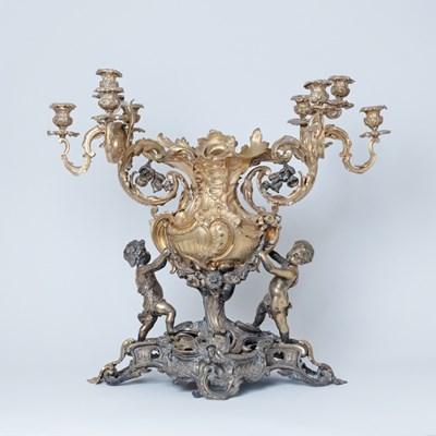 Lot 60 - Monumental Louis XV Style Gilt and Patinated Bronze Figural Centerpiece