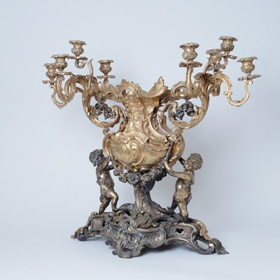 Lot 60 - Monumental Louis XV Style Gilt and Patinated Bronze Figural Centerpiece