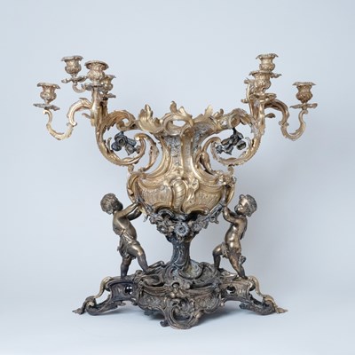 Lot 60 - Monumental Louis XV Style Gilt and Patinated Bronze Figural Centerpiece