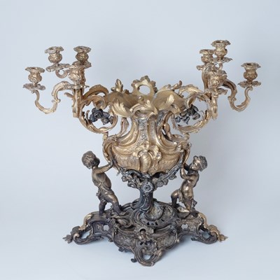 Lot 60 - Monumental Louis XV Style Gilt and Patinated Bronze Figural Centerpiece