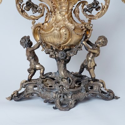 Lot 60 - Monumental Louis XV Style Gilt and Patinated Bronze Figural Centerpiece