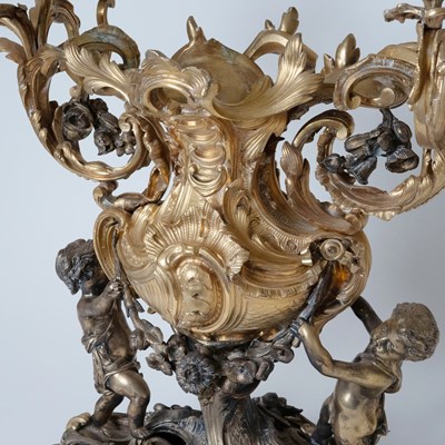 Lot 60 - Monumental Louis XV Style Gilt and Patinated Bronze Figural Centerpiece