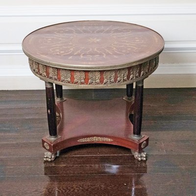 Lot 640 - Empire Style Gilt-Metal Mounted Marquetry Inlaid Mahogany Center Table