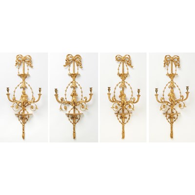Lot 142 - Set of Four George III Style Giltwood Two-Branch Wall-Lights