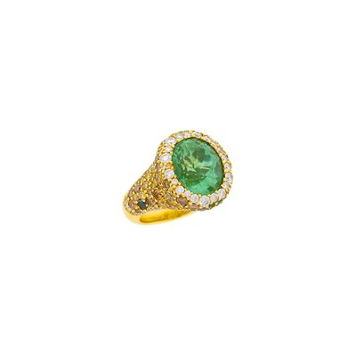 Lot 16 - Nicholas Varney Gold, Sea Green Tourmaline, Gem-Set, Diamond and Colored Diamond Ring