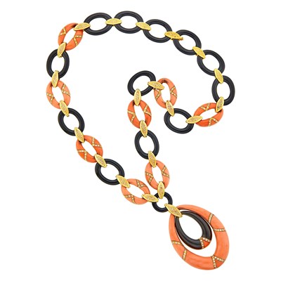 Lot 89 - Long Gold, Coral, Black Onyx and Diamond Pendant-Necklace