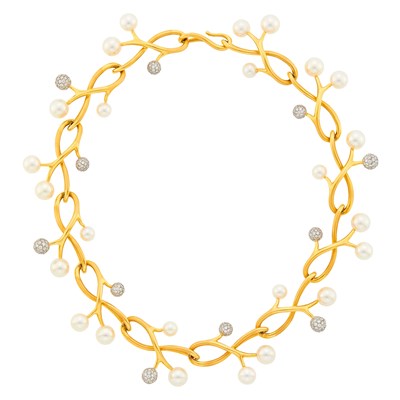 Lot 32 - Angela Cummings for Assael Gold, Platinum, Cultured Pearl and Diamond 'Thorn & Sprig' Necklace