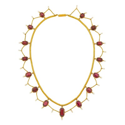 Lot 1091 - Antique Gold, Garnet and Seed Pearl Swag Necklace