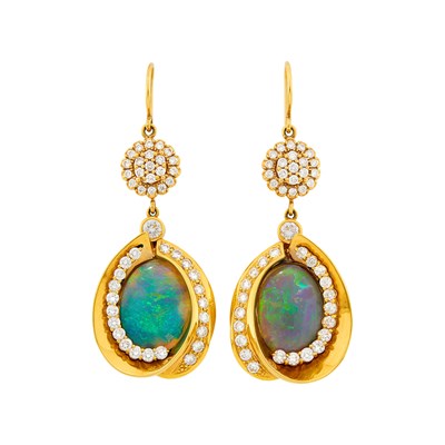 Lot 18 - Pair of Gold, Black Opal and Diamond Pendant-Earrings