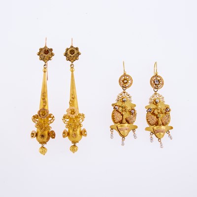 Lot 1130 - Two Pairs of Low Karat Gold and Yellow and Rose Gold Pendant-Earrings