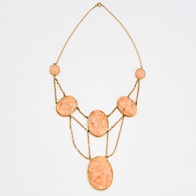 Lot 1131 - Gold and Coral Cameo Swag Necklace