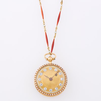 Lot 1125 - Rose Gold, Red Guilloché Enamel and Split Pearl Pendant-Watch with Gold, Enamel and Pearl Chain Necklace
