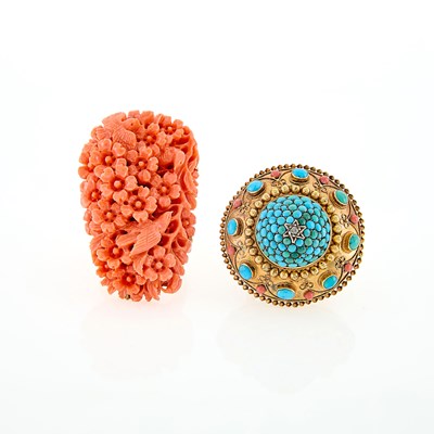 Lot 211 - Gold, Turquoise, Coral and Diamond Ring and Carved Coral Ring
