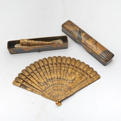 Lot 749 - A Japanese Parcel Gilt Lacquer Box with Lacquer Fans