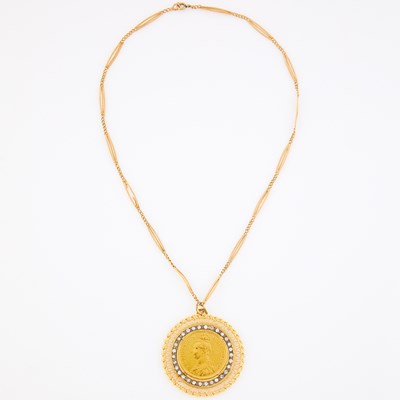 Lot 1171 - Two-Color Gold, British Gold Coin and Diamond Pendant with Rose Gold Chain Necklace