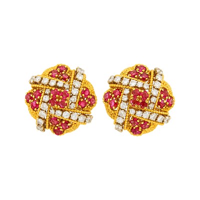 Lot 114 - Tiffany & Co. Pair of Two-Color Gold, Ruby and Diamond Earclips