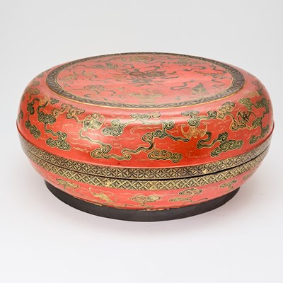 Lot 93 - A Chinese Gilt Decorated Red Lacquer Covered Box