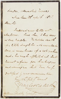 Lot 132 - Charles Dickens records the death of his daughter Dora