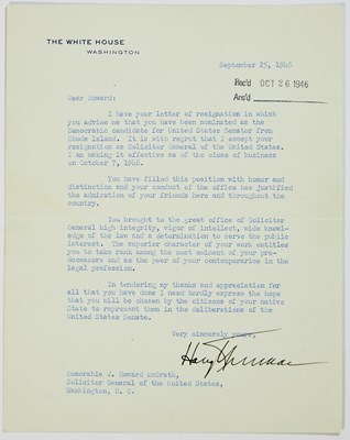 Lot 336 - A signed letter from Truman accepting J. Howard McGrath's resignation as Solicitor General