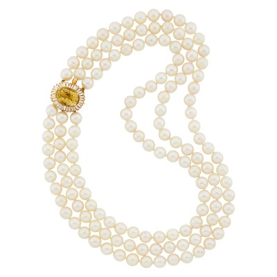 Lot 1253 - Triple Strand Cultured Pearl Necklace with Gold, Citrine and Diamond Clasp