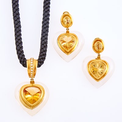 Lot 1014 - Gold, Rock Crystal, Citrine and Diamond Enhancer with Black Cord Necklace and Pair of Pendant-Earclips