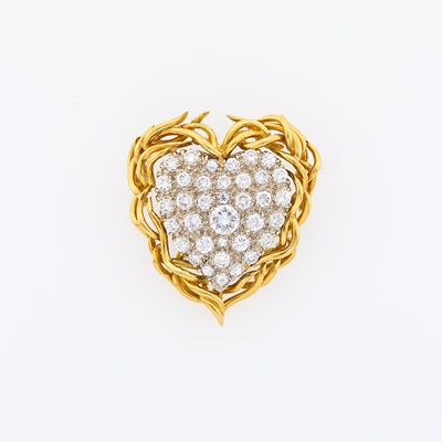 Lot 1051 - Two-Color Gold and Diamond Heart Pendant-Brooch