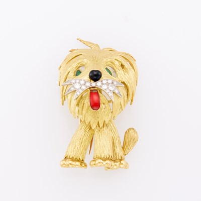 Lot 1168 - Two-Color Gold, Diamond and Enamel Dog Brooch