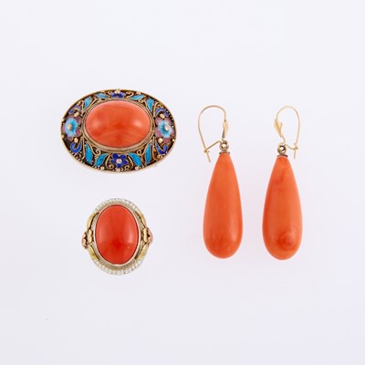 Lot 1207 - Pair of Gold and Coral Pendant-Earrings, Tricolor Gold Ring and Silver Brooch