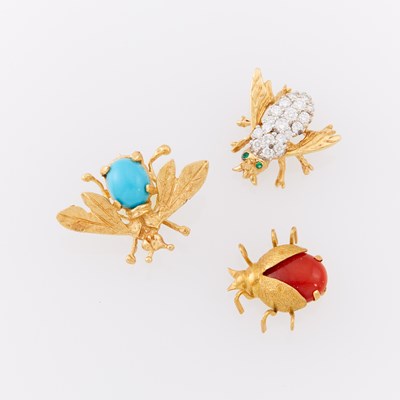 Lot 1170 - Gold and Diamond Bee Pin, Turquoise Fly Pin and Coral Lady Bug Pin