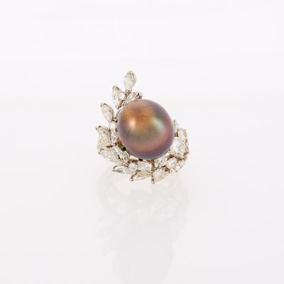 Lot 1094 - White Gold, Baroque Gray Cultured Pearl and Diamond Cluster Ring