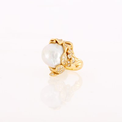 Lot 1257 - Gold, Baroque South Sea Cultured Pearl and Diamond Cluster Ring