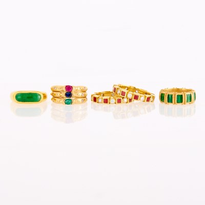 Lot 1278 - Five Gold, Enamel, Gem-Set, Jade and Diamond Band Rings
