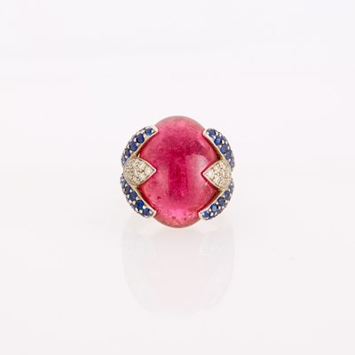 Lot 1223 - White Gold, Cabochon Pink Tourmaline, Sapphire and Diamond Ring