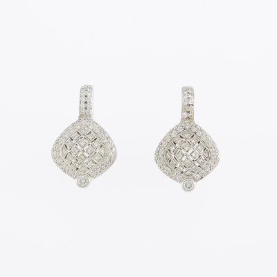 Lot 1070 - Pair of White Gold and Diamond Pendant-Earrings