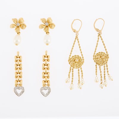 Lot 1204 - Three Pairs of Gold, Cultured and Freshwater Pearl and Diamond Pendant-Earrings