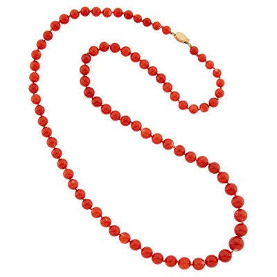 Lot 1041 - Long Coral Bead Necklace with Gold Clasp