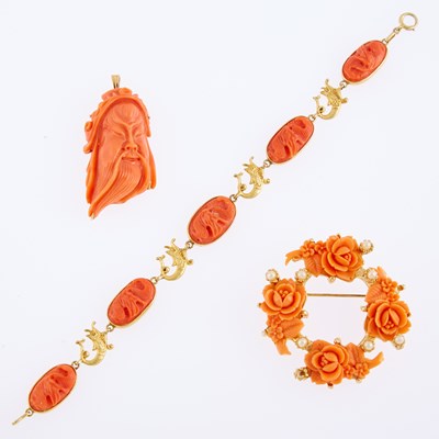 Lot 1205 - Group of Gold, Gilt-Metal, Carved Coral and Cultured Pearl Jewelry