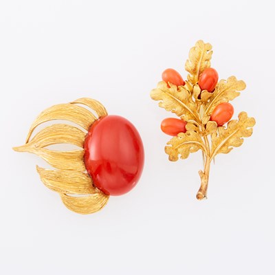 Lot 1177 - Gold and Oxblood Coral Pendant and Coral Clip-Brooch
