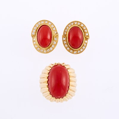Lot 1031 - Gold and Coral Dome Ring and Pair of Gold, Coral and Diamond Earrings