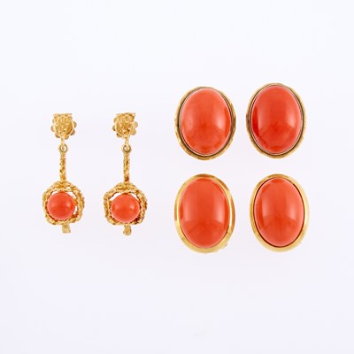 Lot 1198 - Three Pairs of Gold and Coral Earrings